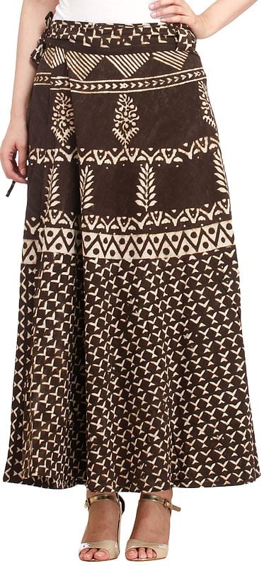 Coffee-Bean Wrap-Around Long Skirt from Pilkhuwa with Bagdoo Print