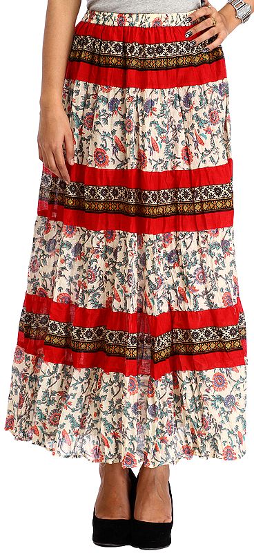 Cream and Red Long Skirt with Printed Flowers