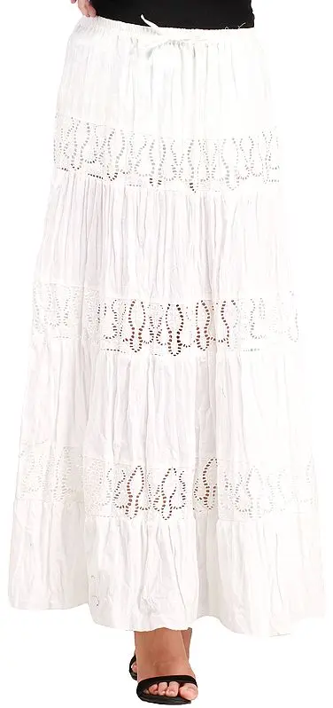 Bright-White Elastic Long Crochet Skirt