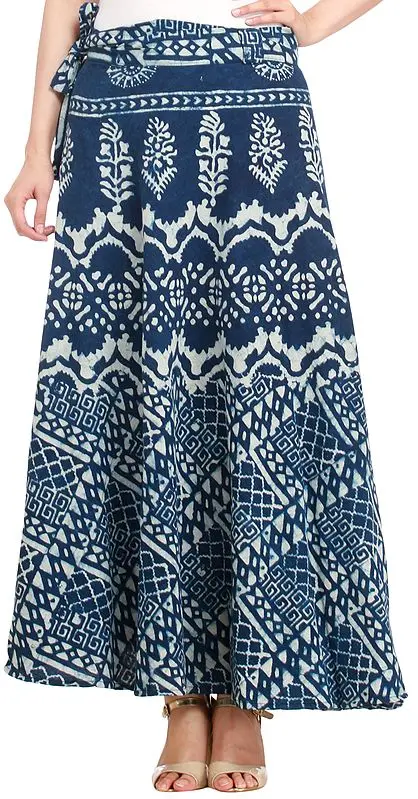 True-Navy Wrap-Around Skirt from Pilkhuwa with Bagdoo Print
