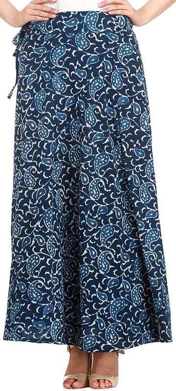 Estate-Blue Wrap-Around Skirt from Pilkhuwa with Block Printed Paisleys