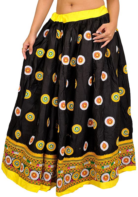 Black and Yellow Ghagra from Gujarat with Embroidered Chakras and Mirrors