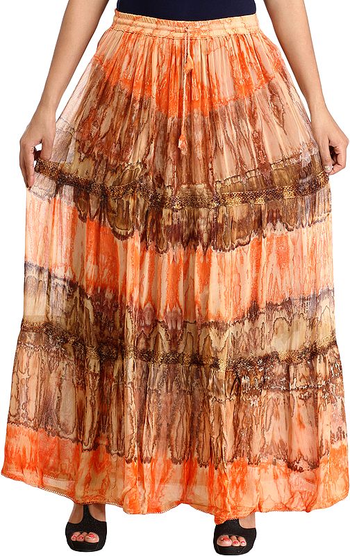 Batik-Dyed Elastic Long Skirt with Lace