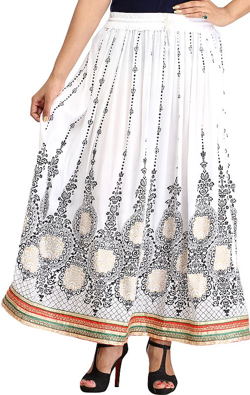 Embellished Long Skirt with Golden Print and Embroidered Patch Border