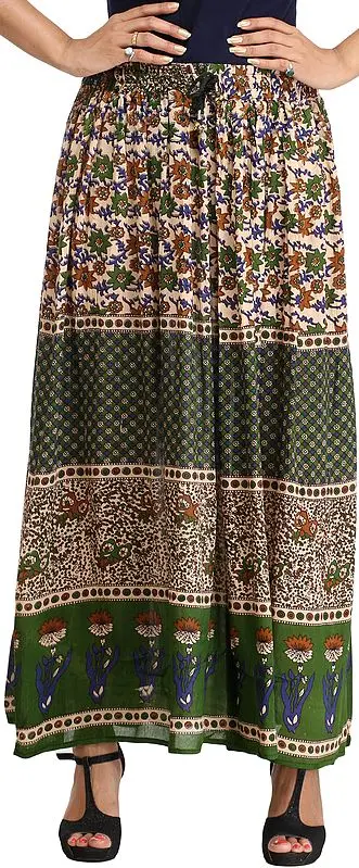 Beige and Green Long Skirt with Mughal Print