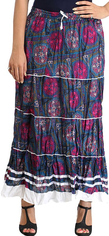 Blue and Purple Long Skirt with Floral-Print and Ribbons
