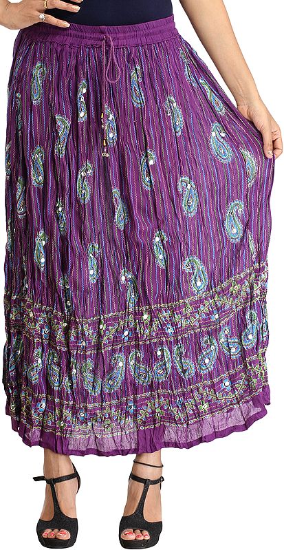 Crinkled Striped Long Skirt with Printed Paisleys and Sequins
