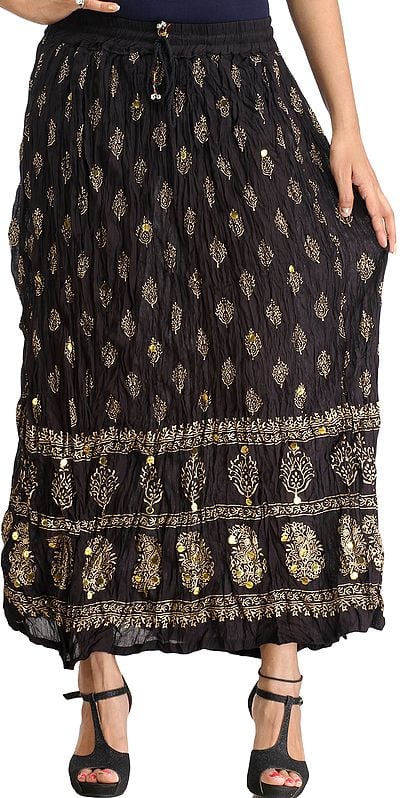 Jet-Black Casual Long Skirt with Golden-Print and Sequins