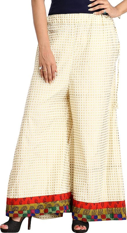 Ivory Palazzo Pants from Pilkhuwa with Printed Bootis and Patch Border