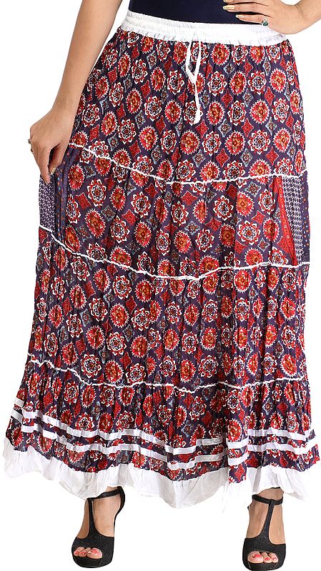 Dark-Blue and Red Floral Printed Long Skirt with Ribbons