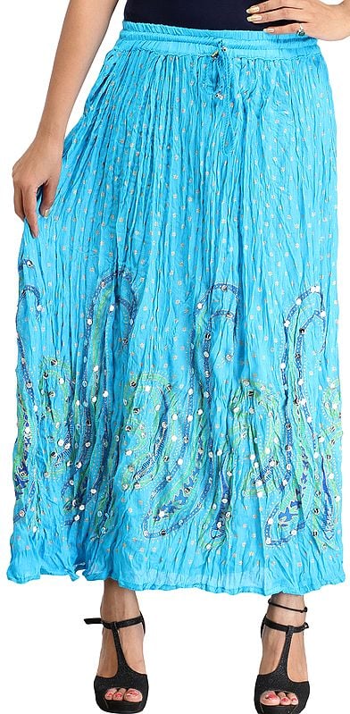 River-Blue Crinkled Long Skirt with Printed Paisleys and Sequins