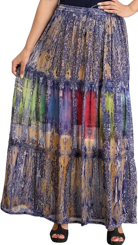 Blue and Beige Batik-Dyed Long Skirt with Lace