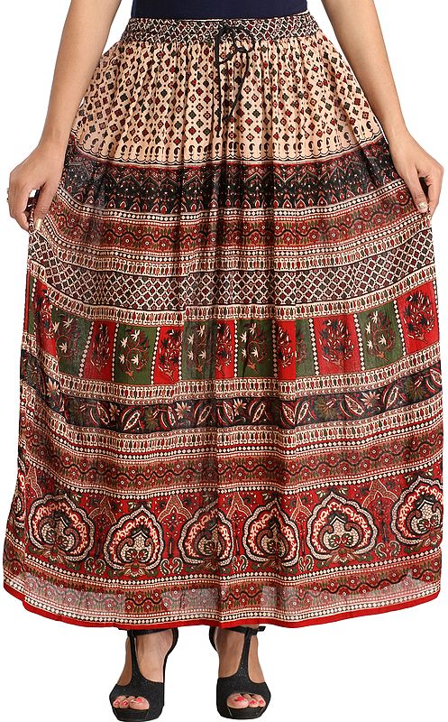 Cream and Maroon Elastic Long Skirt with Jamawar Print