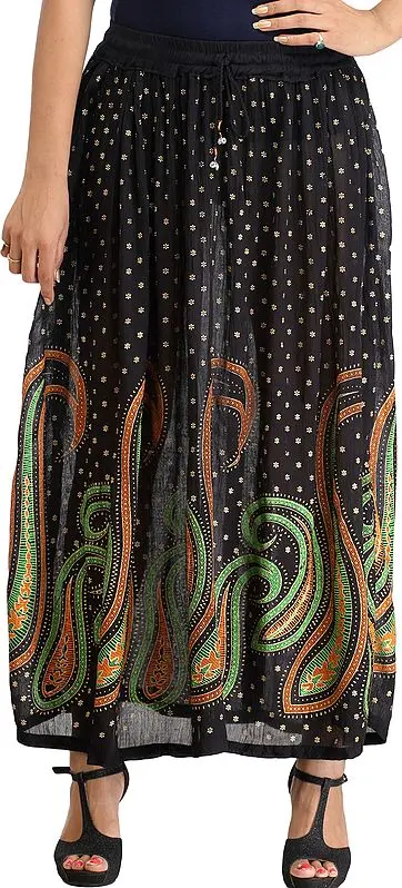 Jet-Black Long Elastic Skirt with Printed Paisleys and Bootis