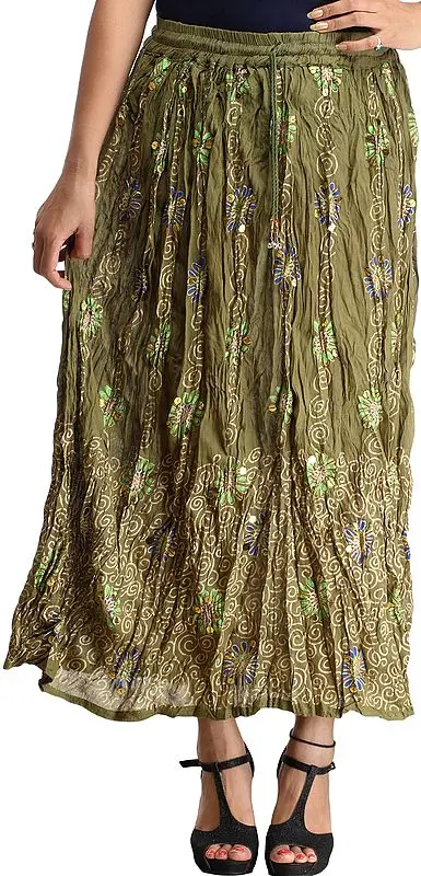 Calliste-Green Crinkled Long Skirt with Printed Spirals and Sequins