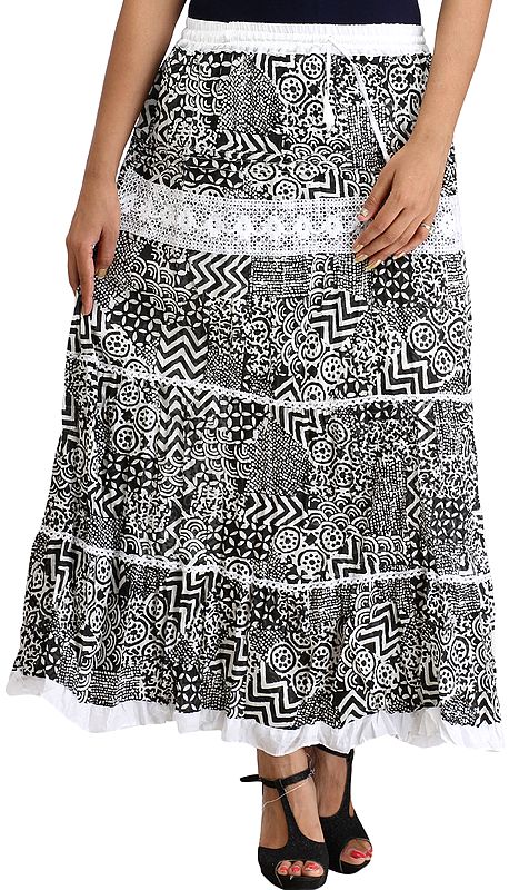 Black and White Long Skirt with Collage Print