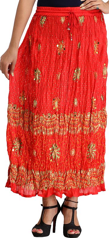 Lollipop-Red Crinkled Long Skirt with Printed Flowers and Sequins