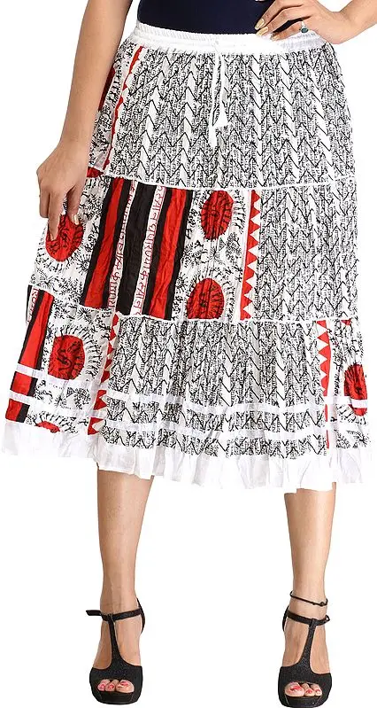 White and Red Midi Skirt with Warli Folk Print and Hindu Mantras
