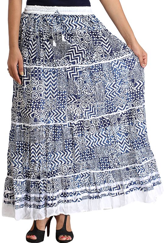 Blue and White Block-Printed Long Skirt with Ribbons