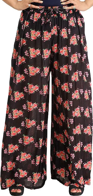 Phantom-Black Casual Palazzo Pants with Printed Roses