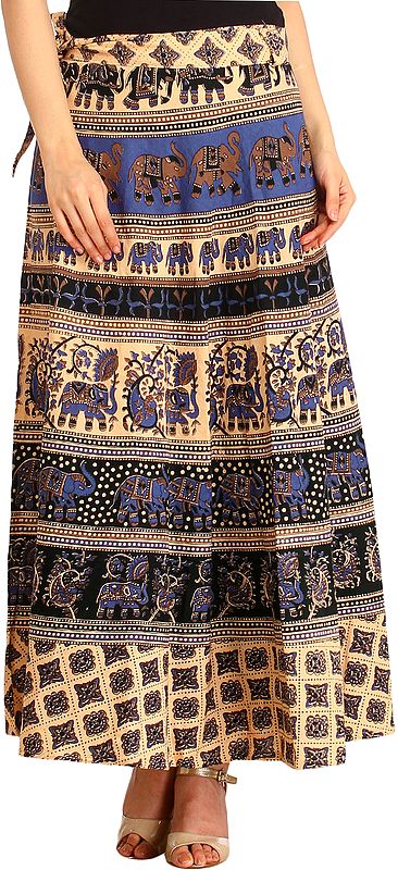 Cream and Blue Wrap-Around Long Skirt from Pilkhuwa with Printed Elephants