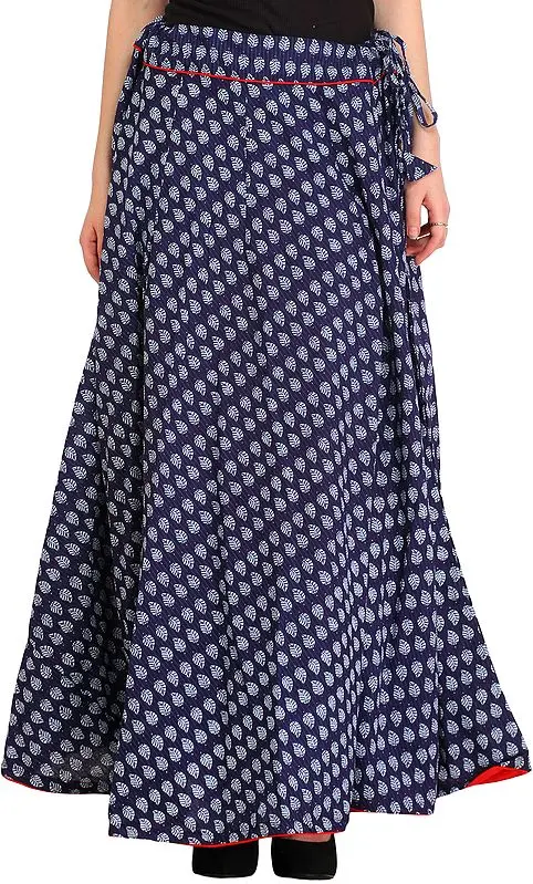 Dark-Blue Long Ghagra Skirt with Piping-work and Bagdoo-Printed Leaves All-Over