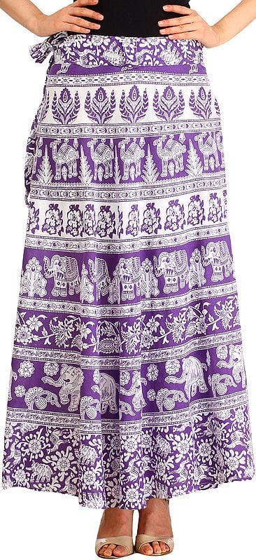 White and Purple Wrap-Around Long Skirt from Pilkhuwa with Printed Elephants and Camels