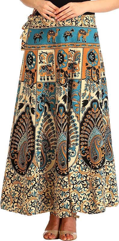 Cream Floral Printed Wrap-Around Long Skirt from Pilkhuwa
