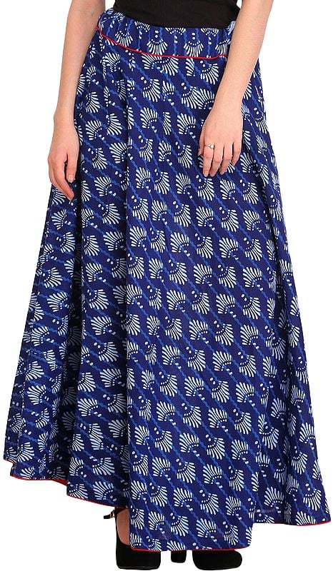 Limoges-Blue Block Printed Long Ghagra Skirt with Piping-work