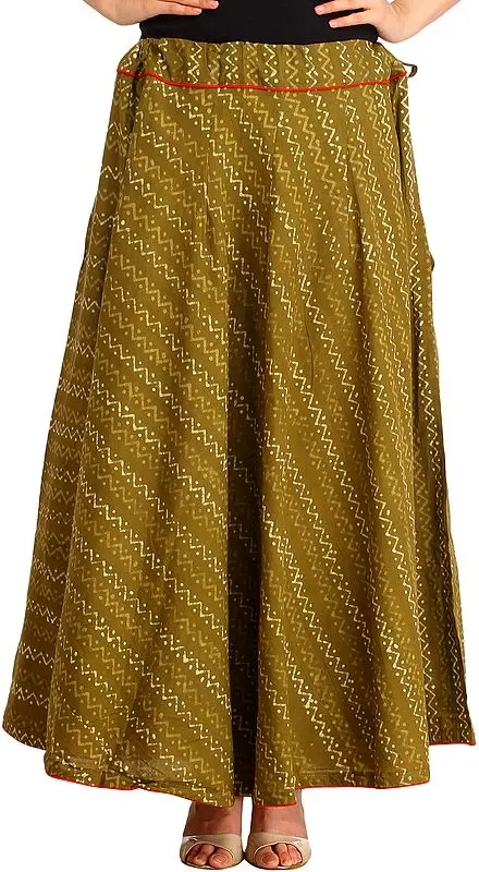 Gothic-Olive Long Skirt with Bagdoo-Printed Zigzag Stripes and Piping