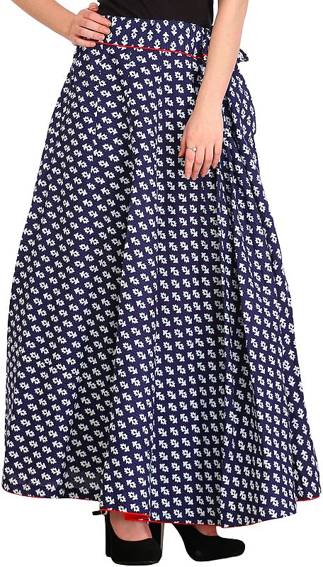 Twilight-Blue Long Ghagra Skirt with Block-Printed Bootis and Piping