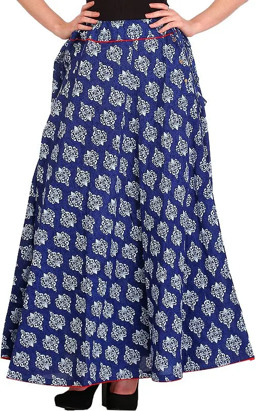 Deep-Ultramarine Long Skirt with Block-Printed Floral Bootis and Piping-work