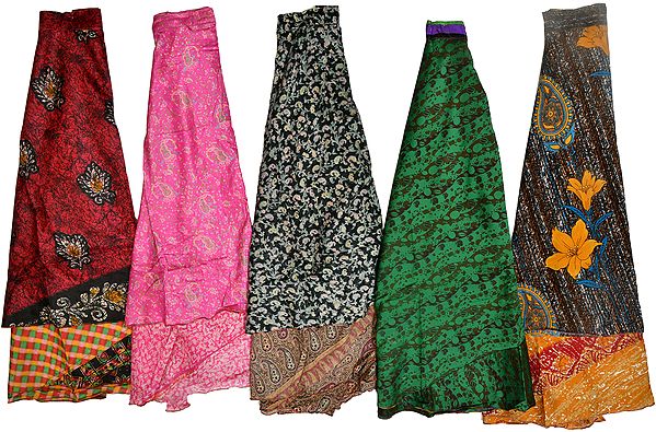 Lot of Five Wrap-Around Double Layered Vintage Sari Magic Skirts with Floral Print