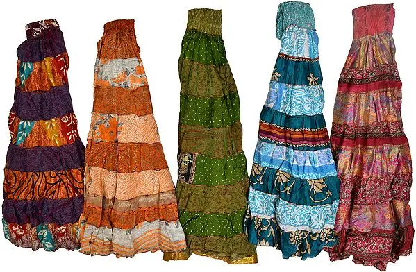 Lot of Five Printed Patchwork Sari Skirts with Wide Elastic Waist