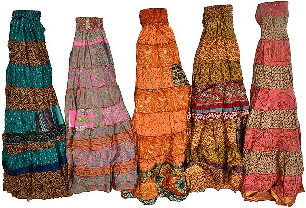 Lot of Five Printed Patchwork Sari Skirts with Wide Elastic Waist