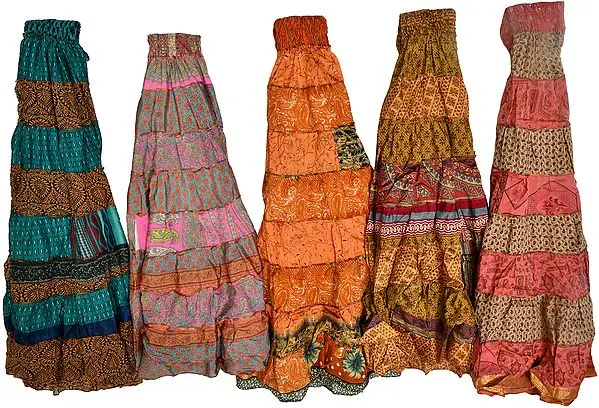 Lot of Five Printed Patchwork Sari Skirts with Wide Elastic Waist