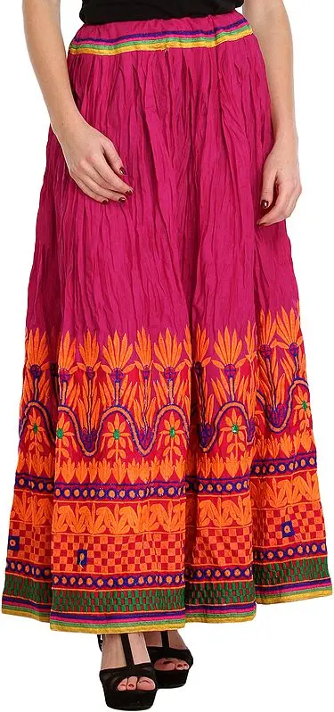 Fuchsia-Rose Ghagra Skirt from Gujarat with Embroidery on Border
