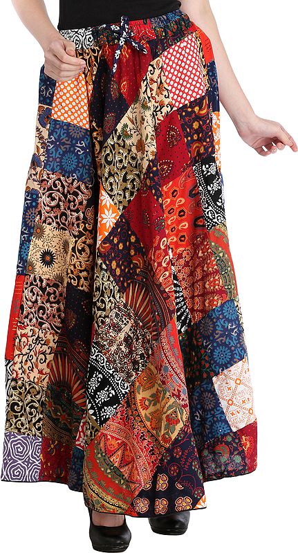 Casual Long Ghagra Skirt with Printed Patch-work