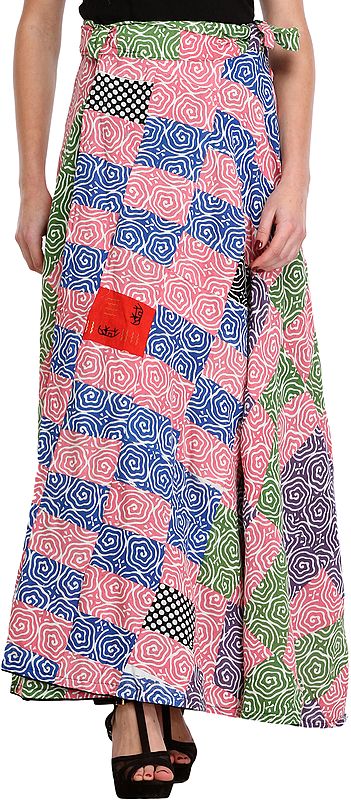 Tri-Color Printed Patchwork Wrap-Around Long Skirt