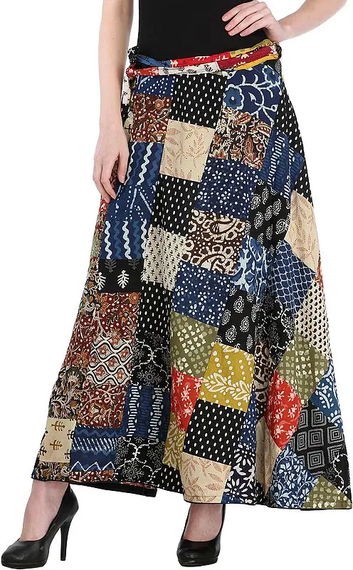 Wrap-Around Casual Long Skirt with Printed Patch-work