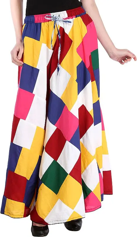 Multicolor Printed Patchwork Long Ghagra Skirt with Checks
