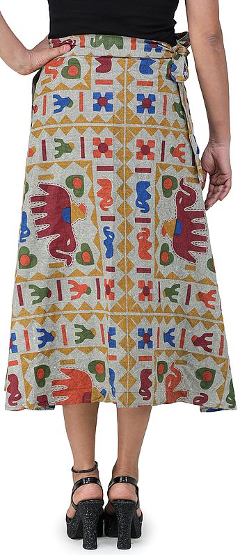 Wrap-Around Casual Stone-washed Midi Skirt with Printed Elephants