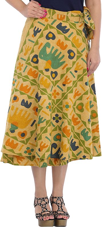 Wrap-Around Casual Stone-washed Midi Skirt with Printed Elephants