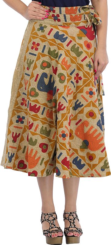 Wrap-Around Casual Stone-washed Midi Skirt with Printed Elephants