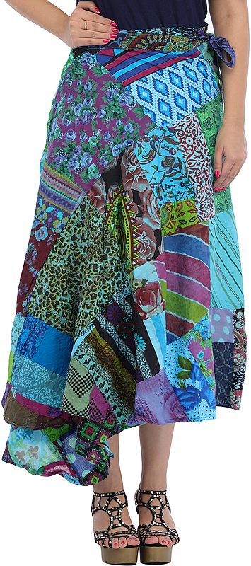 Wrap-Around Long Skirt with Printed Patch-work