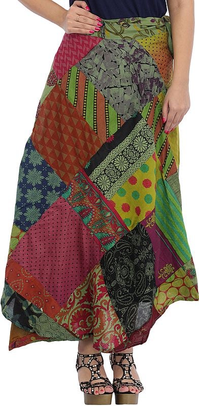 Wrap-Around Long Skirt with Printed Patch-work