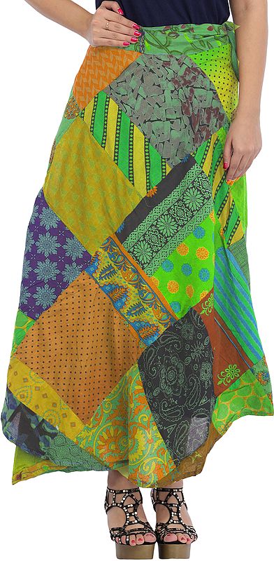 Wrap-Around Long Skirt with Printed Patch-work