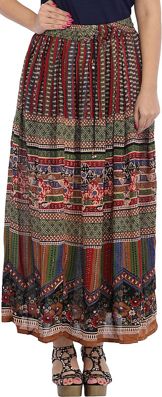 Multicolored Printed Long Ghagra Skirt