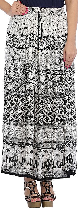 White and Black Long Skirt with Printed Elephants on Border