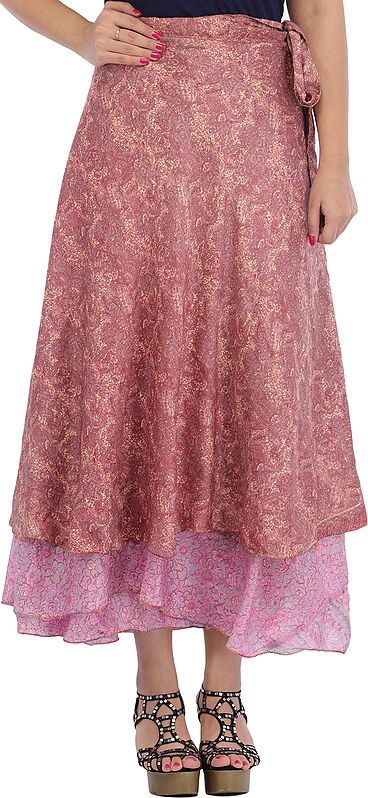 Lilac and Pink Wrap-Around Layered Vintage Sari Magic Skirt with Floral-Print
